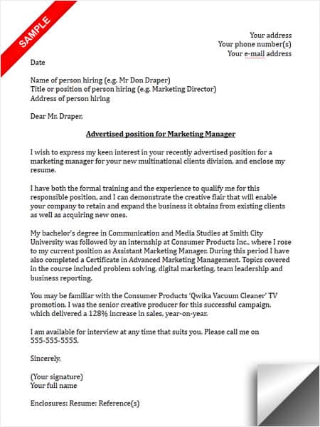 Marketing Manager Cover Letter Sample