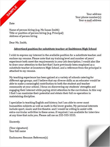 example cover letter for substitute teacher job