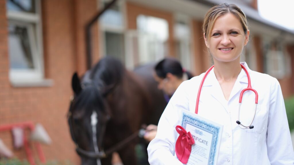 image showing a woman standing in front of a horse and holding a certificate of animal schooling