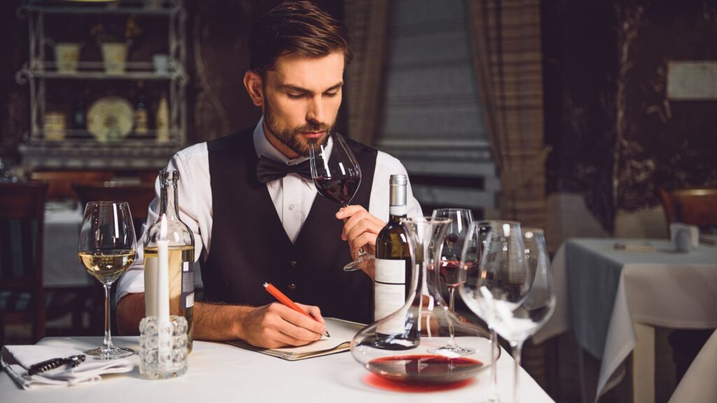 image showing a food critic with a glass of wine in his hand reviewing a wine glass