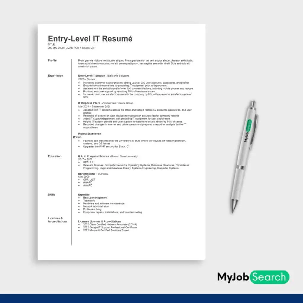 graphic image showing entry level IT resume example