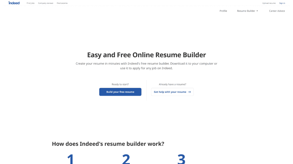 A screenshot of the Indeed resume builder homepage