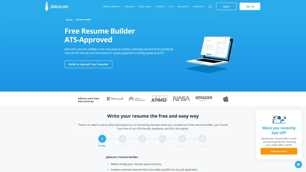 A screenshot of the Jobscan Resume Builder homepage