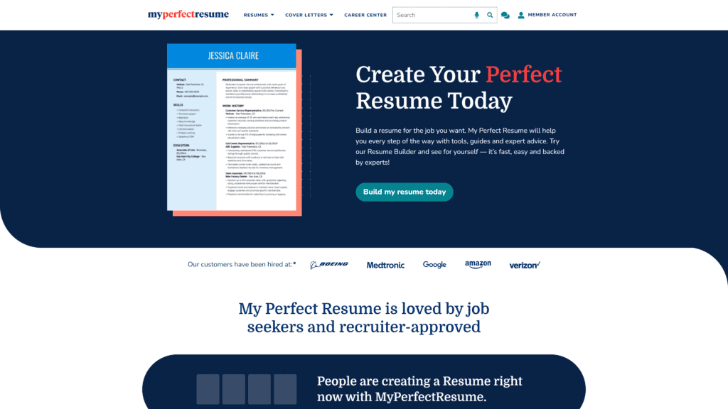 A screenshot of my perfect resume homepage