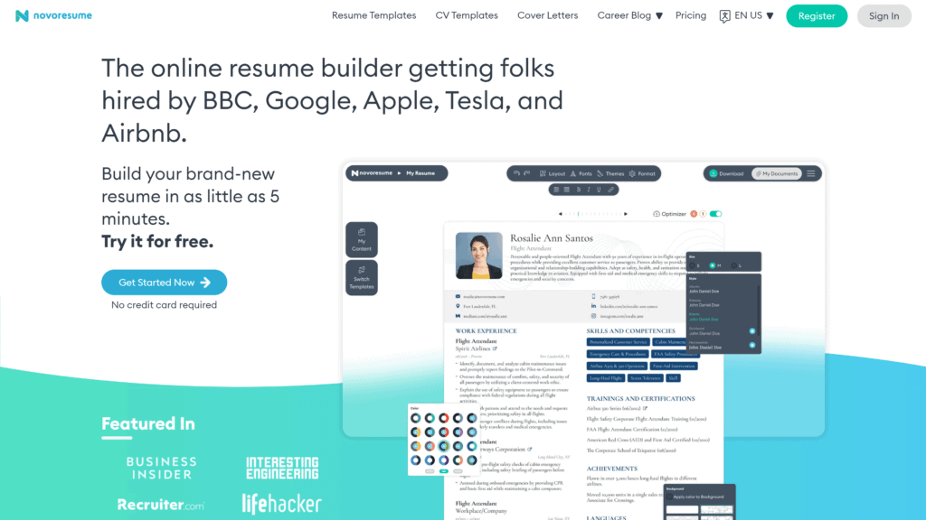 A screenshot of the novo resume homepage 