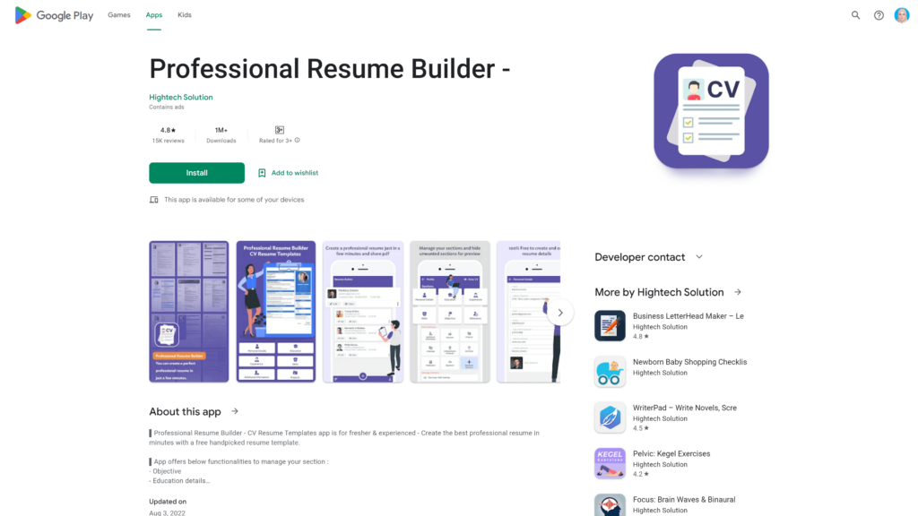 A screenshot of the professional resume builder homepage