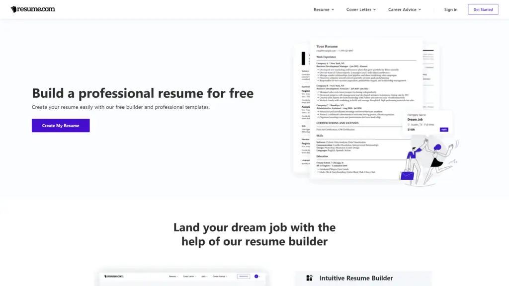 A screenshot of the resume.com homepage