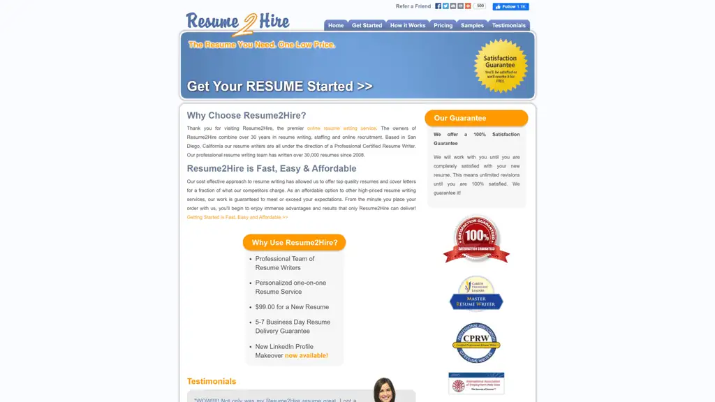 A screenshot of the resume 2 hire homepage