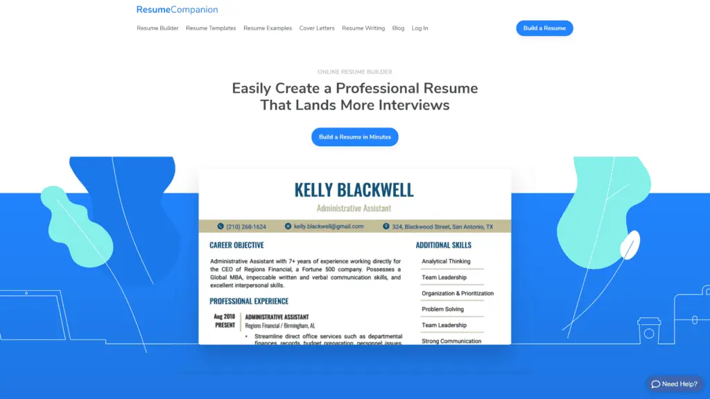 A screenshot of the resume companion homepage