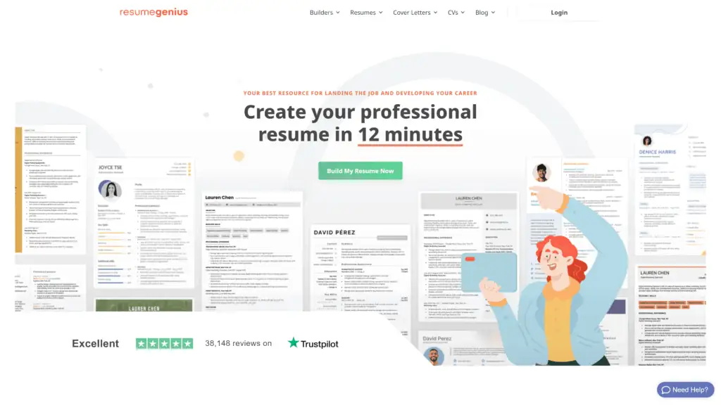 A screenshot of the resume gennius homepage