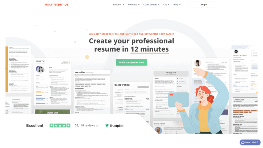 A screenshot of the resume genius homepage