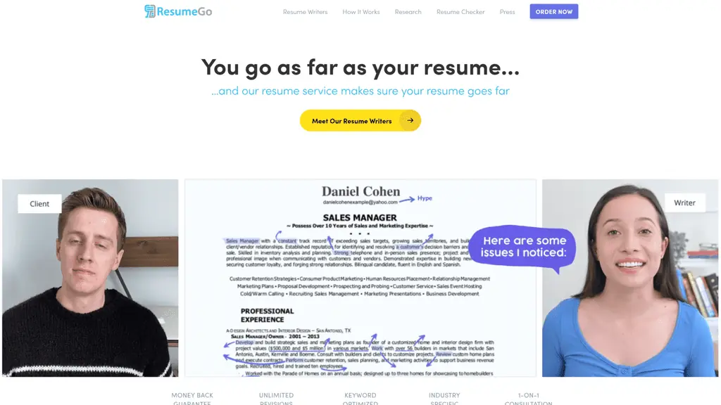 A screenshot of the resume go homepage