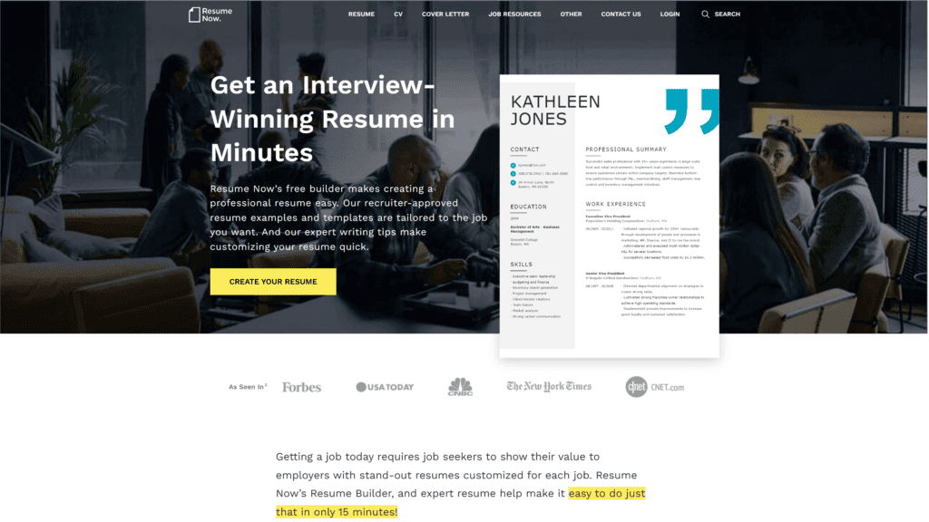A screenshot of the resume now homepage