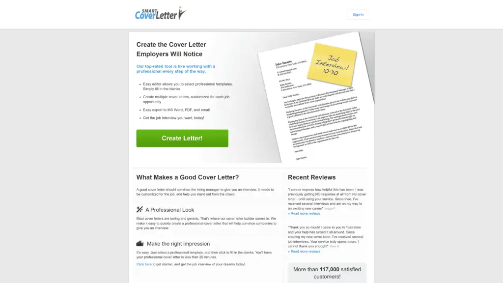 A screenshot of the smart cover letter homepage