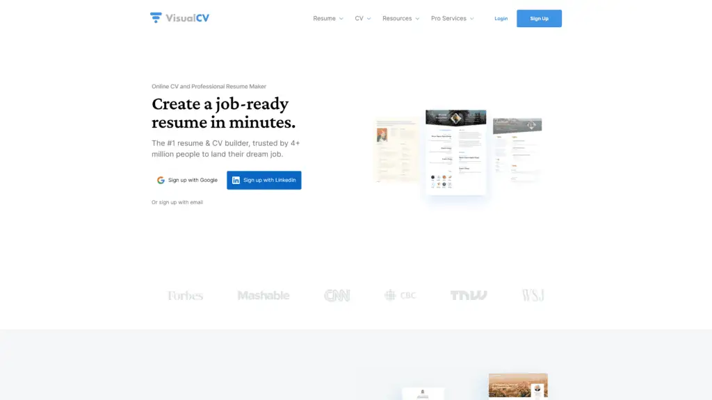 A screenshot of the visualcv homepage