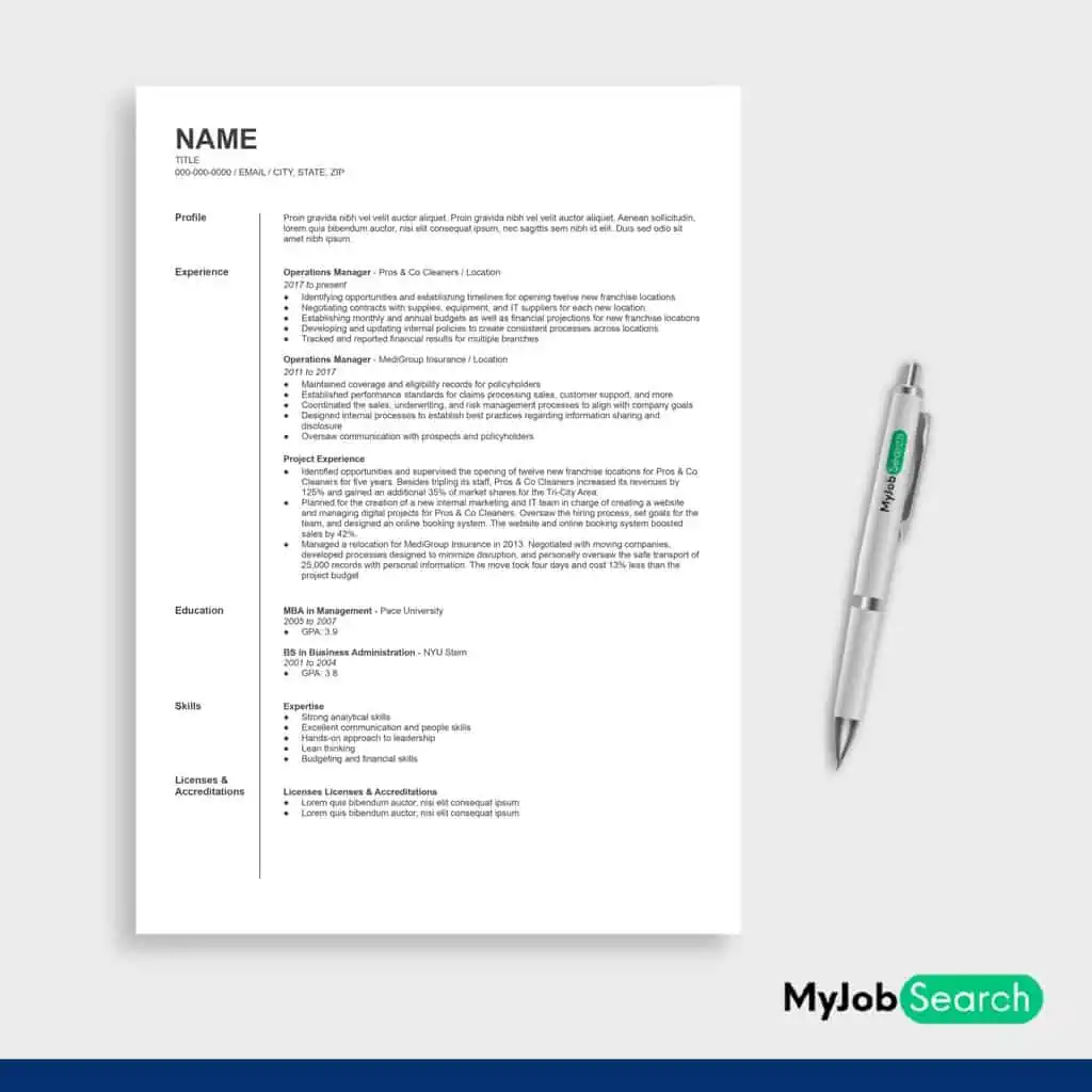 graphic showing business operation manager resume example