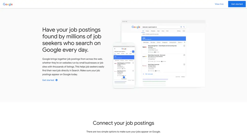 A screenshot of the google job posting homepage