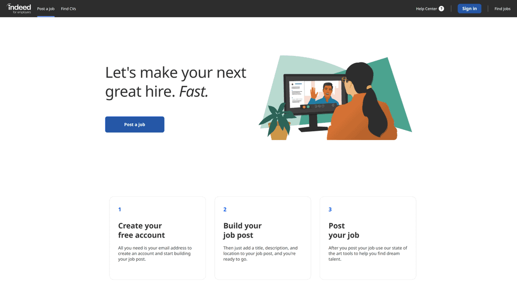A screenshot of the indeed free job posting homepage