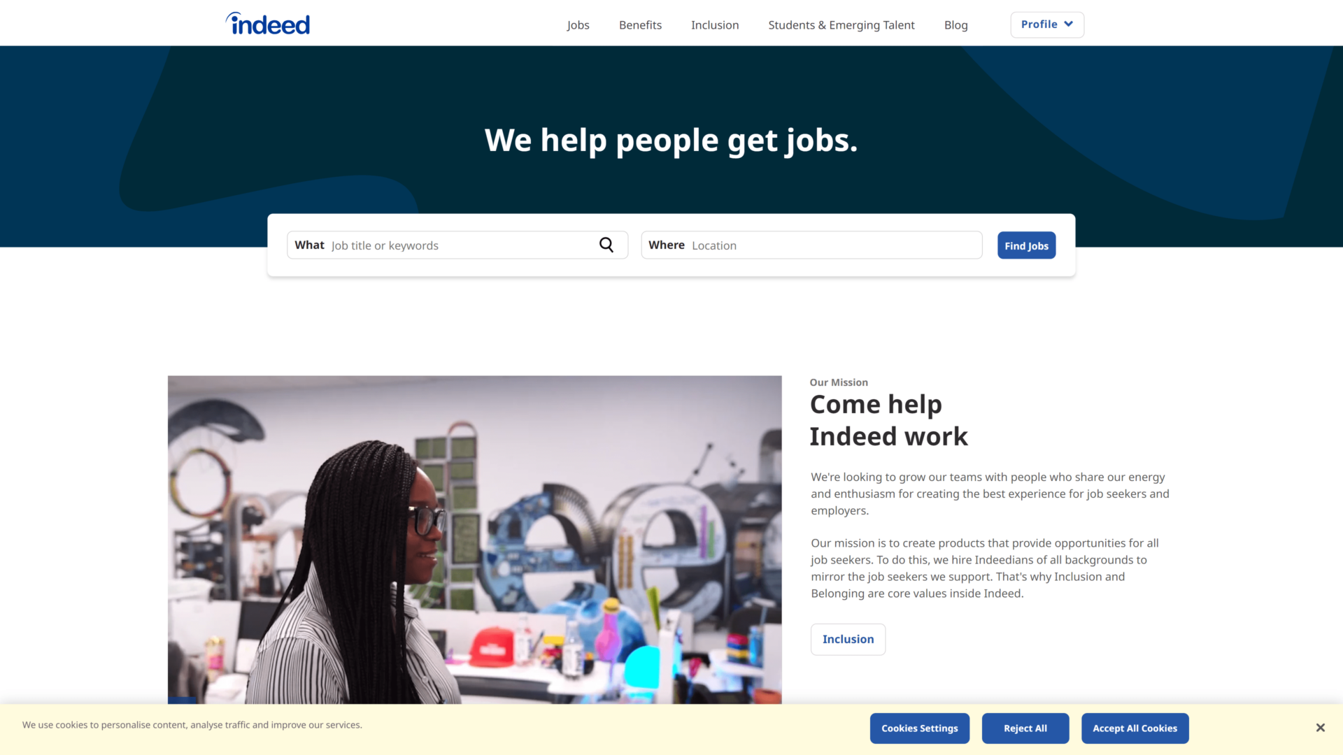 A screenshot of the indeed homepage