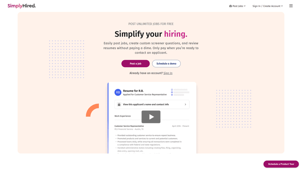 A screenshot of the simply hired homepage
