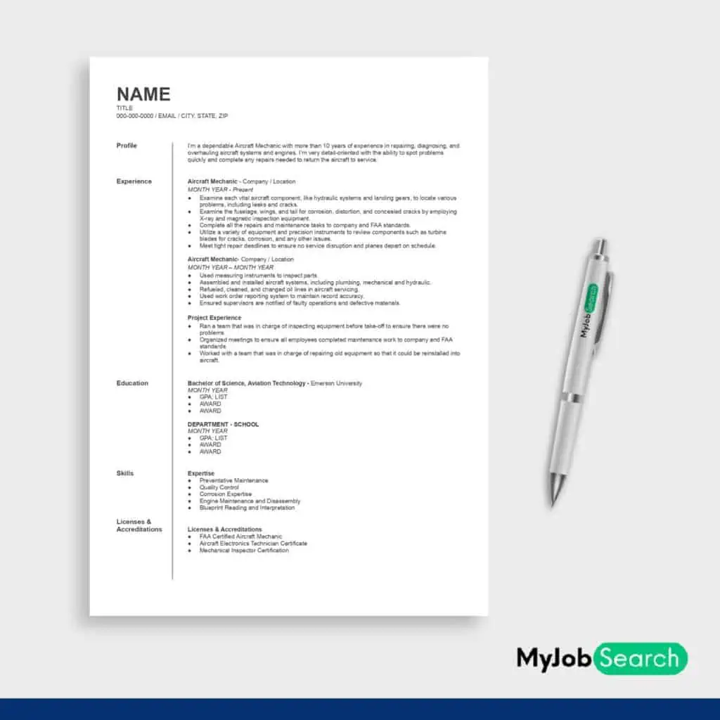 An image of Aircraft Mechanic Resume Example