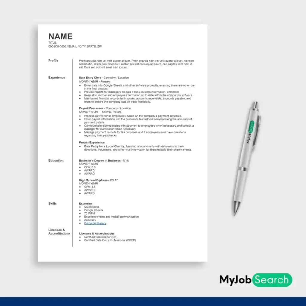 An image of Data Entry Clerk Resume Example