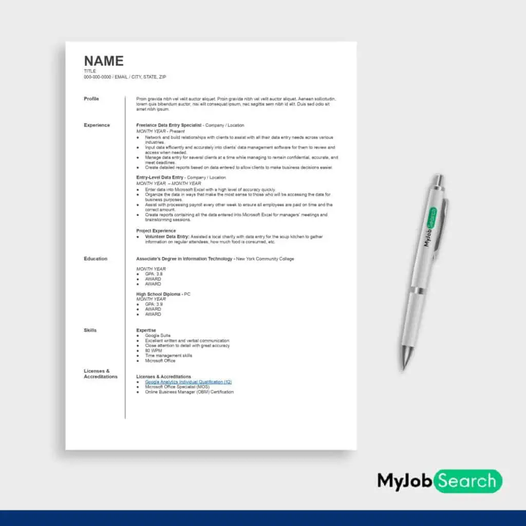 An image of Freelance Data Entry Resume Example