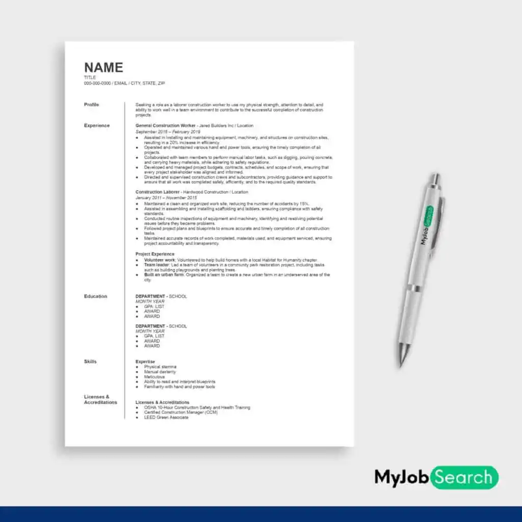 An image of Laborer Construction Resume Example