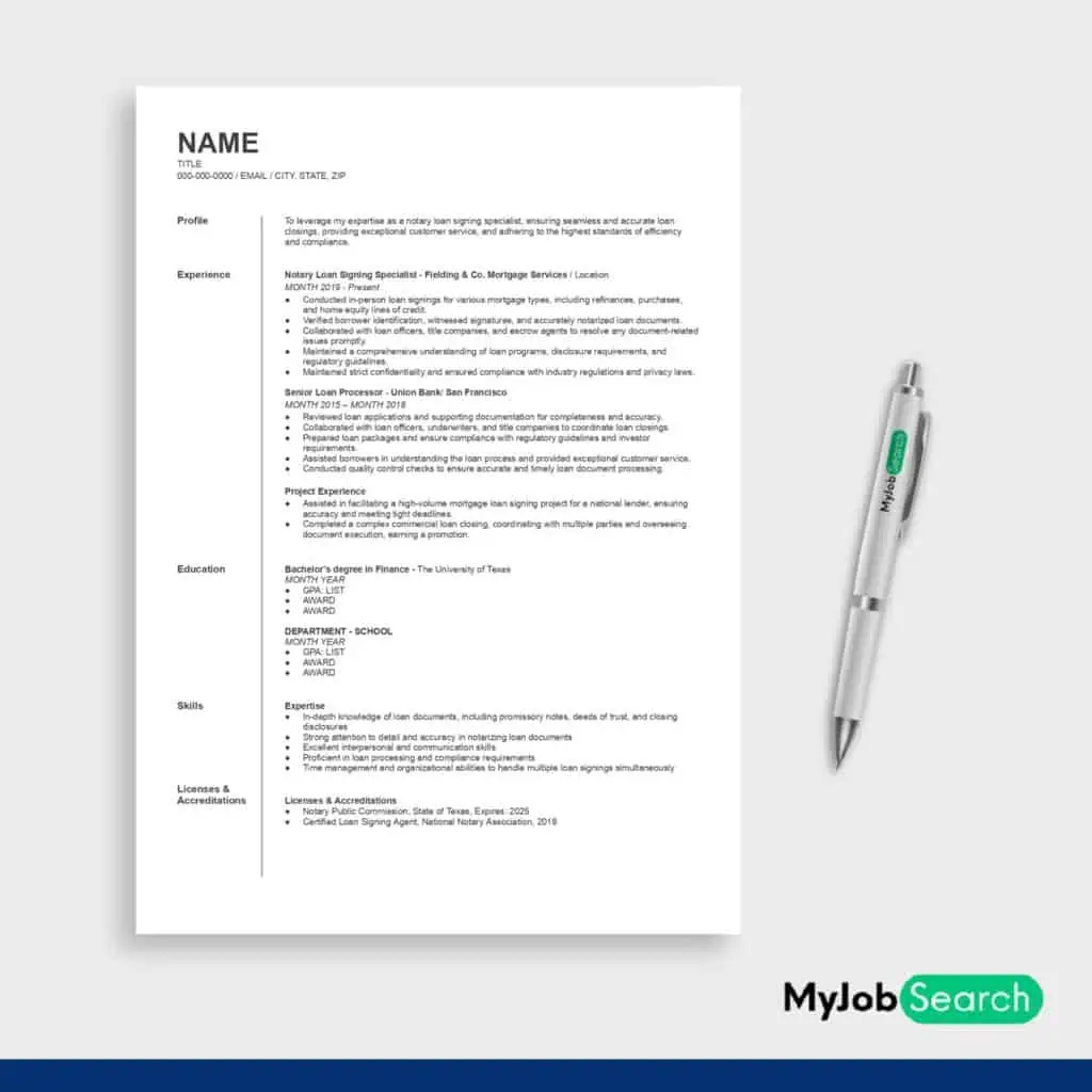 An image of Notary Loan Signing Resume Example