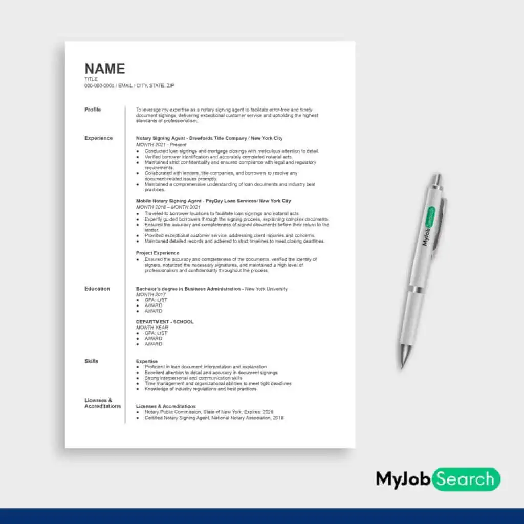 An image of Notary Signing Agent Resume Example