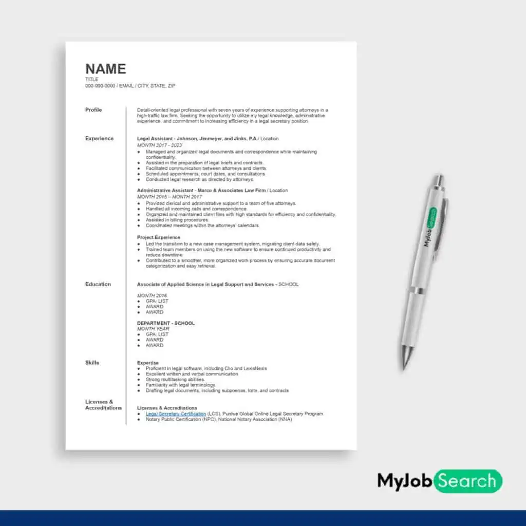 An image of Legal Secretary Resume Example